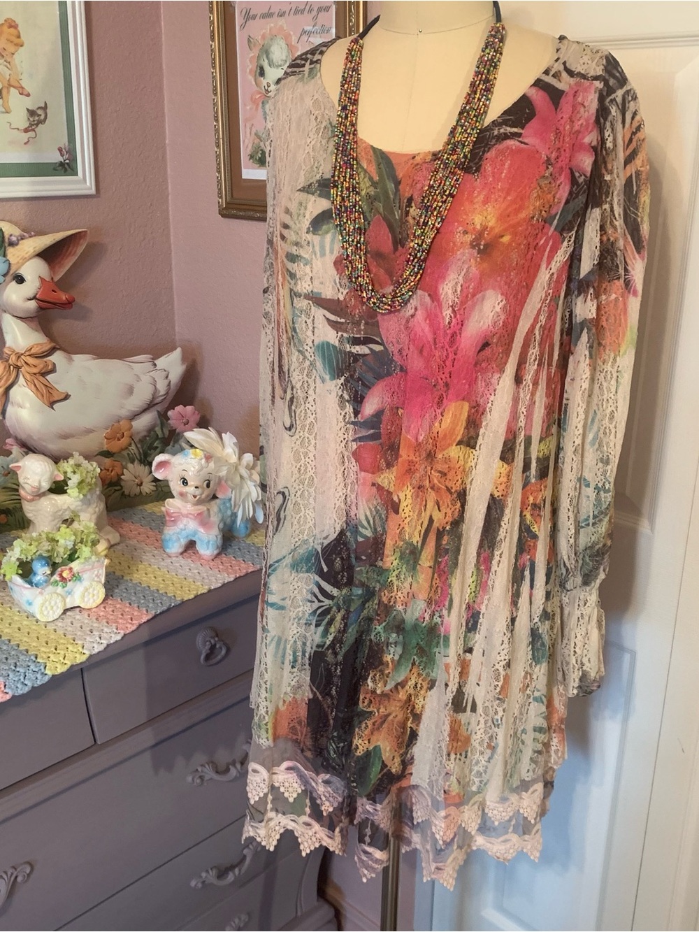 ORIGAMI Floral Lace Sheer Tunic- Pink Multi